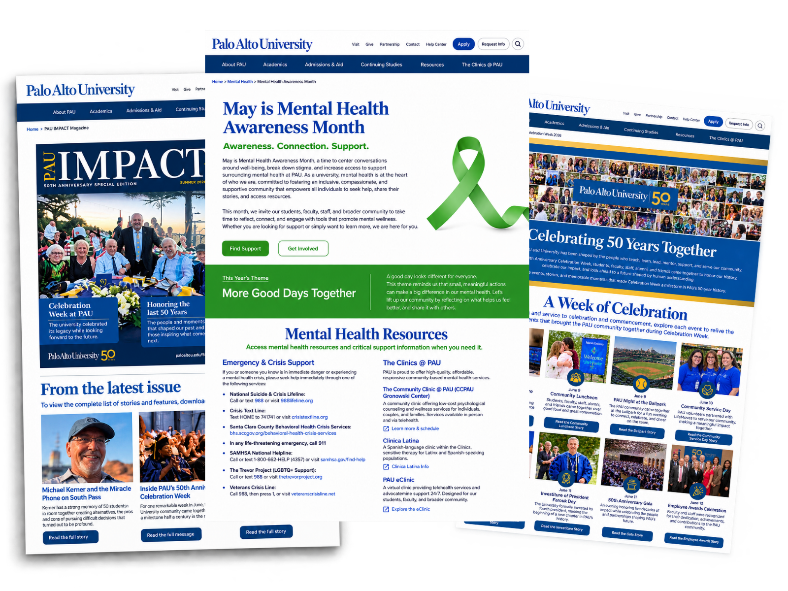 PAU web strategy: three overlapping PAU webpage mockups showing the Mental Health Awareness Month page with green awareness ribbon, the IMPACT Magazine landing page, and the 50th Anniversary Celebration Week page, illustrating a coordinated digital experience across channels.